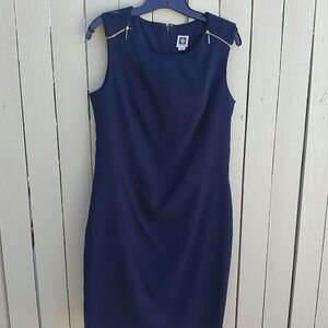 Anne Klein Navy Sheath Dress w/Gold Zipper Detail